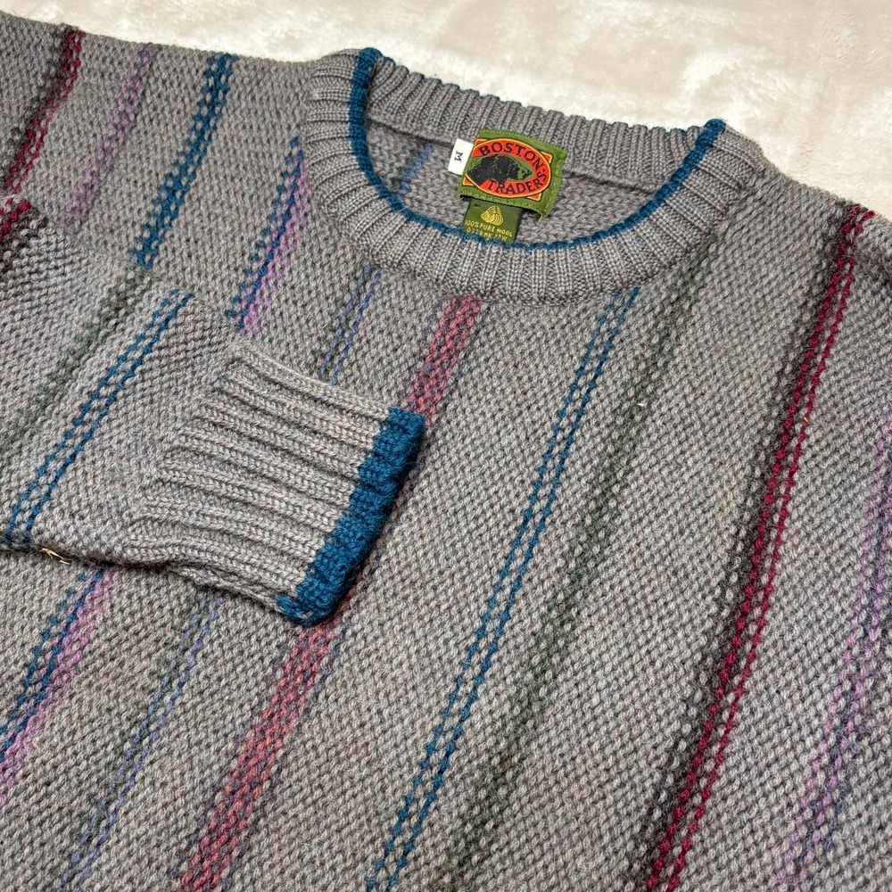 Vtg Boston Traders Sweater Mens M 100% Wool Stripe Chunky Knit Grandpa Grunge - Picture 2 of 7